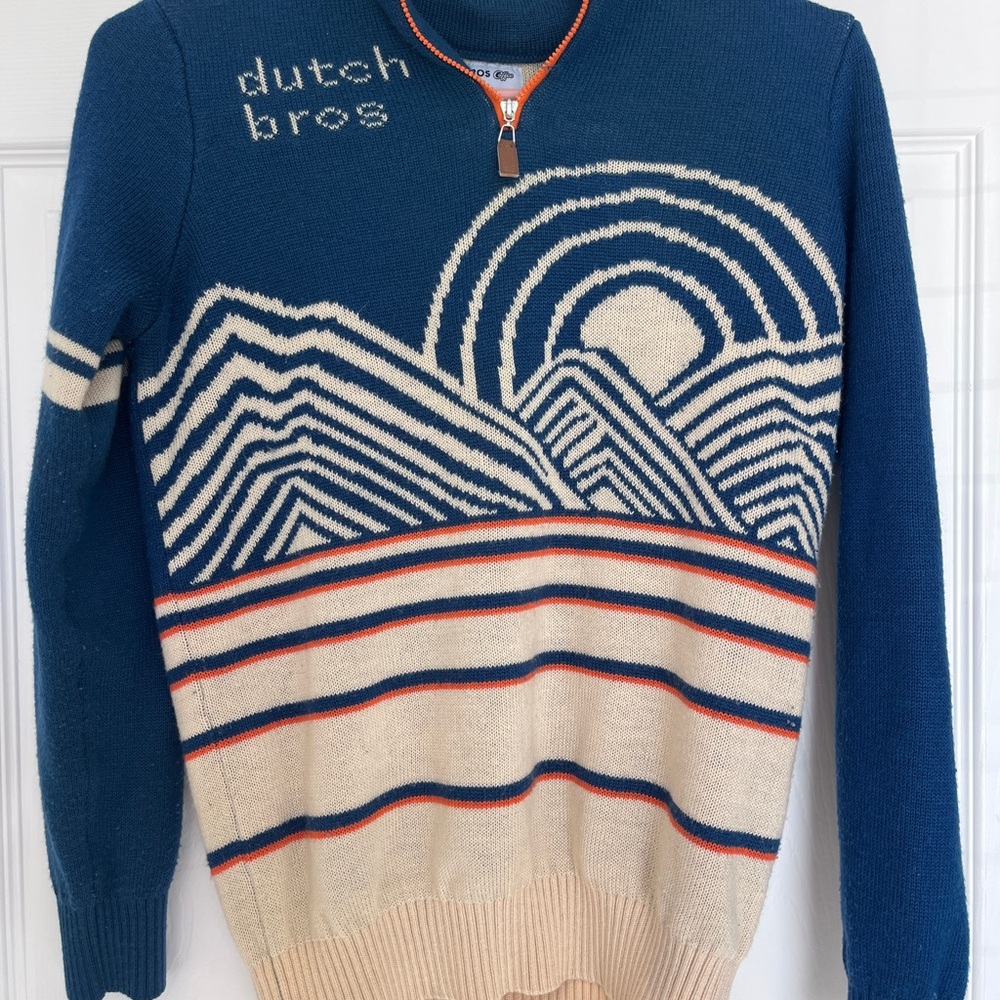 Dutch Bros Blue and Cream Zip-Up Sweater